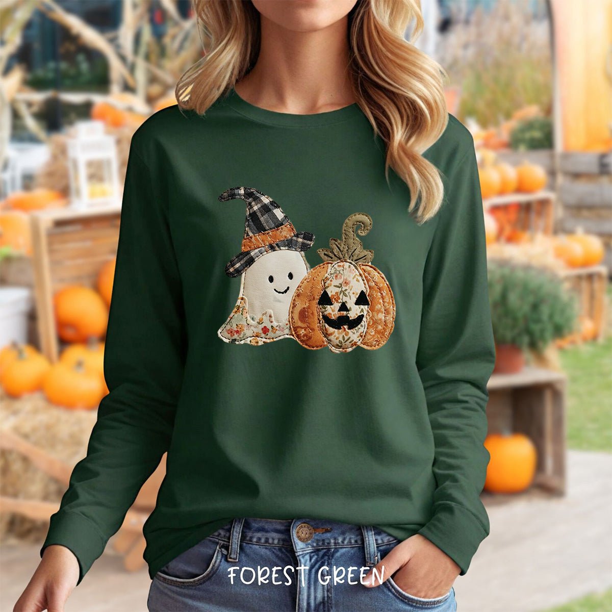 Faux Patchwork Ghost & Jack 'O Lantern Long Sleeve Tee