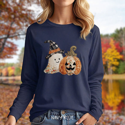 Faux Patchwork Ghost & Jack 'O Lantern Long Sleeve Tee