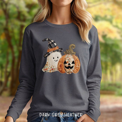 Faux Patchwork Ghost & Jack 'O Lantern Long Sleeve Tee