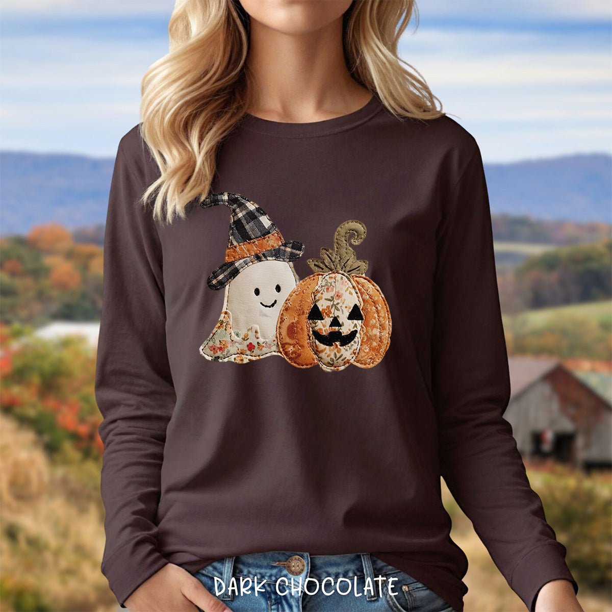 Faux Patchwork Ghost & Jack 'O Lantern Long Sleeve Tee