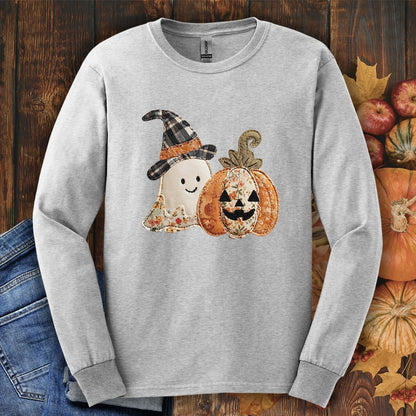 Faux Patchwork Ghost & Jack 'O Lantern Long Sleeve Tee