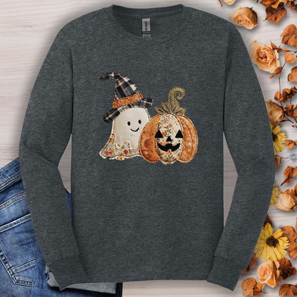 Faux Patchwork Ghost & Jack 'O Lantern Long Sleeve Tee