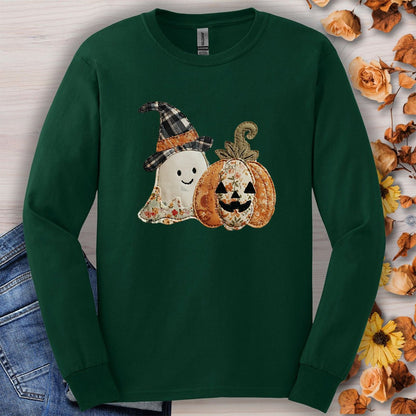 Faux Patchwork Ghost & Jack 'O Lantern Long Sleeve Tee