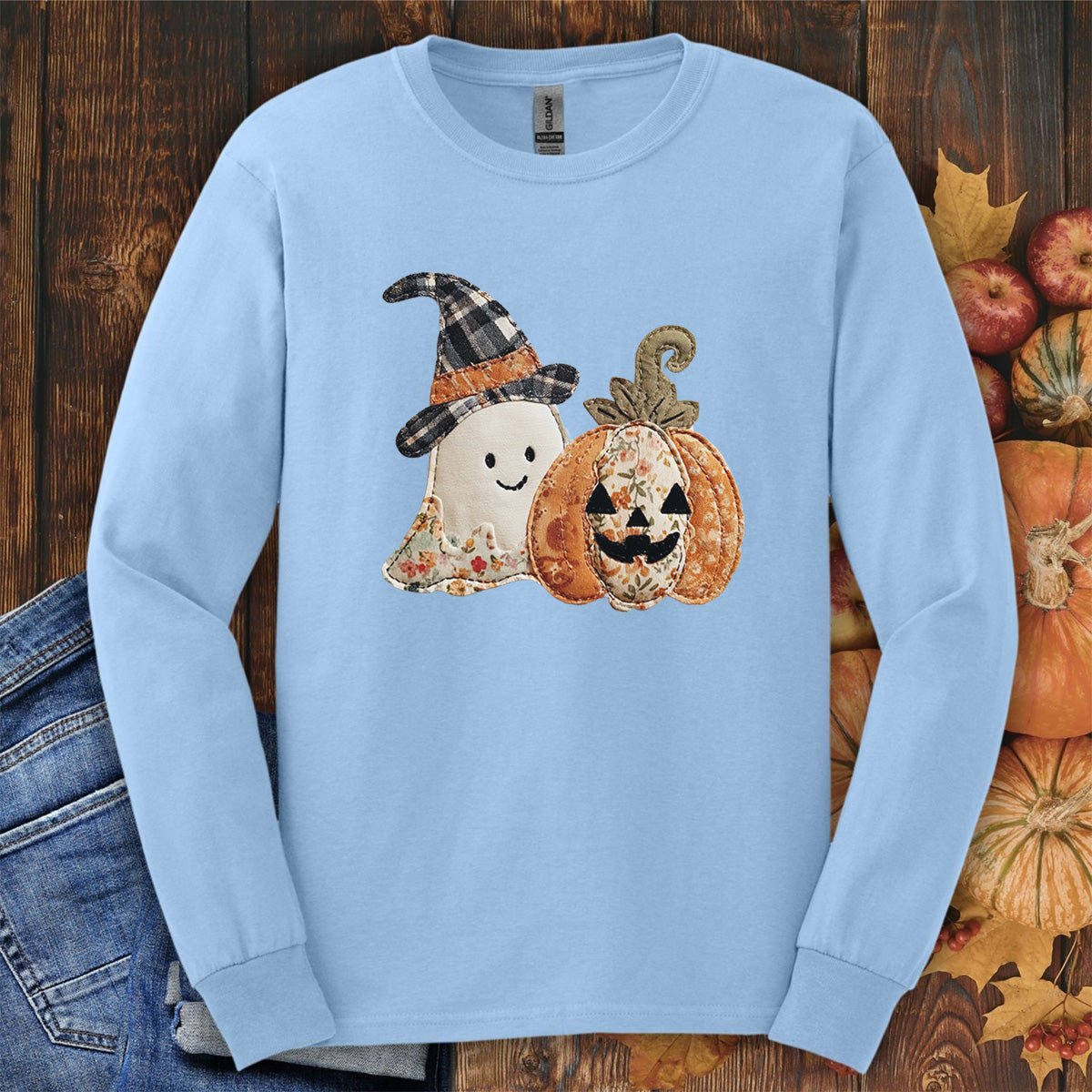 Faux Patchwork Ghost & Jack 'O Lantern Long Sleeve Tee