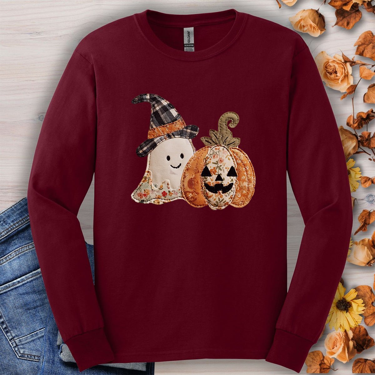 Faux Patchwork Ghost & Jack 'O Lantern Long Sleeve Tee