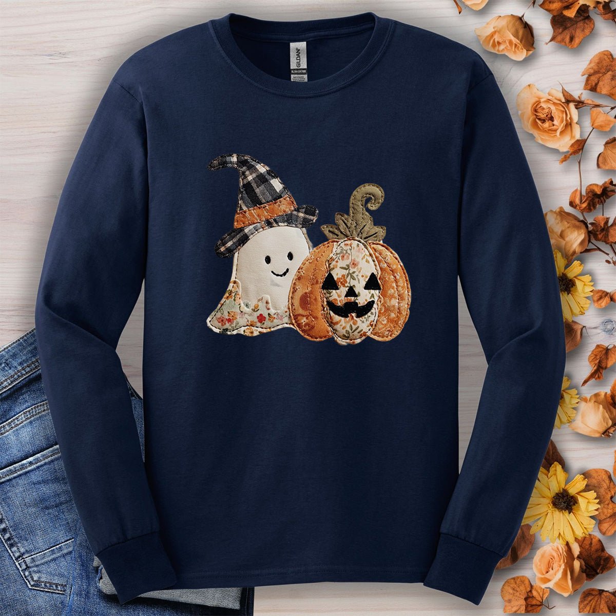 Faux Patchwork Ghost & Jack 'O Lantern Long Sleeve Tee
