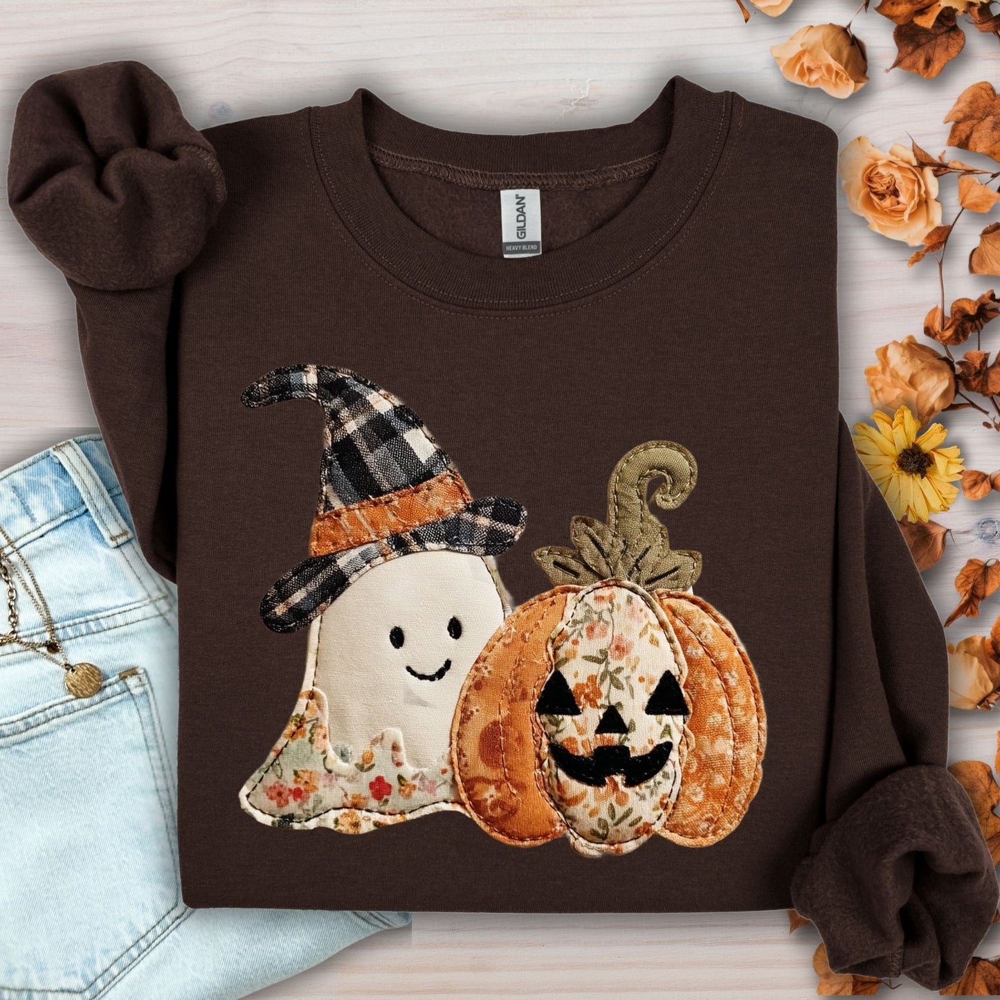 Dark Chocolate Gildan sweatshirt with a faux patchwork ghost in a plaid witch hat and a floral jack-o-lantern.