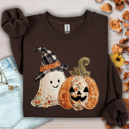 Dark Chocolate Gildan sweatshirt with a faux patchwork ghost in a plaid witch hat and a floral jack-o-lantern.