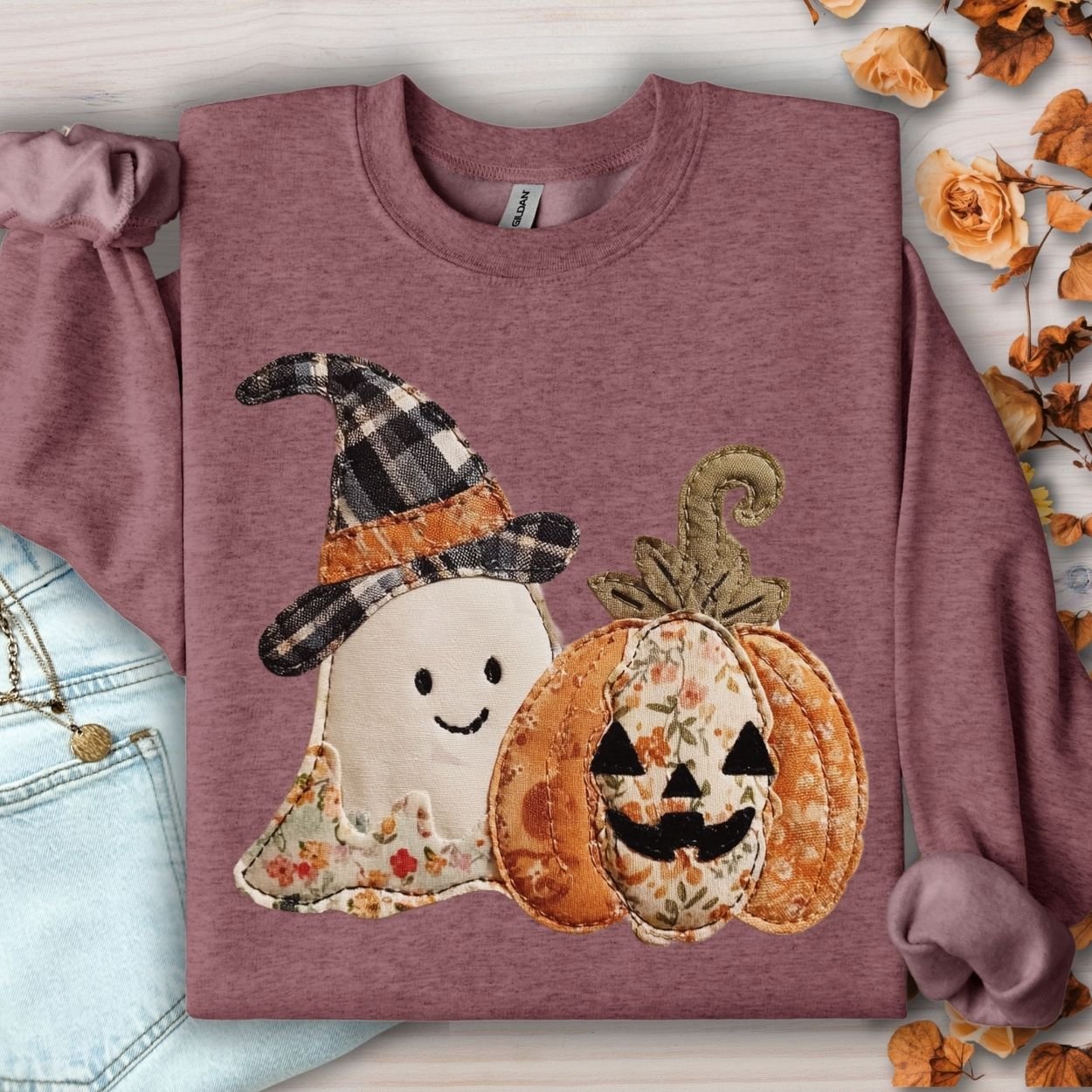 Heather Sport Dark Maroon sweatshirt with faux patchwork ghost in witch hat and jack-o-lantern.