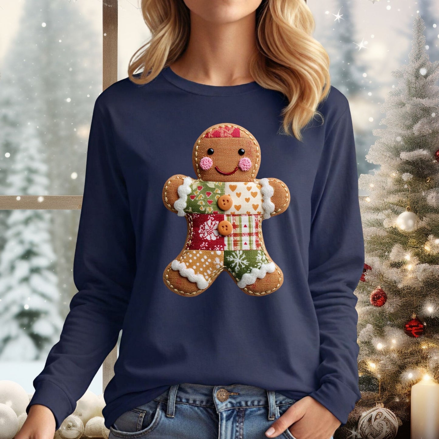 Faux Patchwork Gingerbread Man Long Sleeve Tee