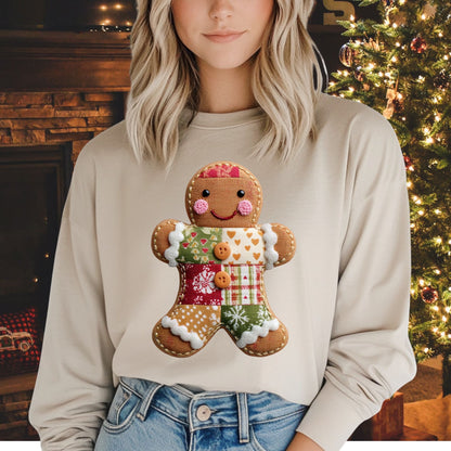 Faux Patchwork Gingerbread Man Long Sleeve Tee