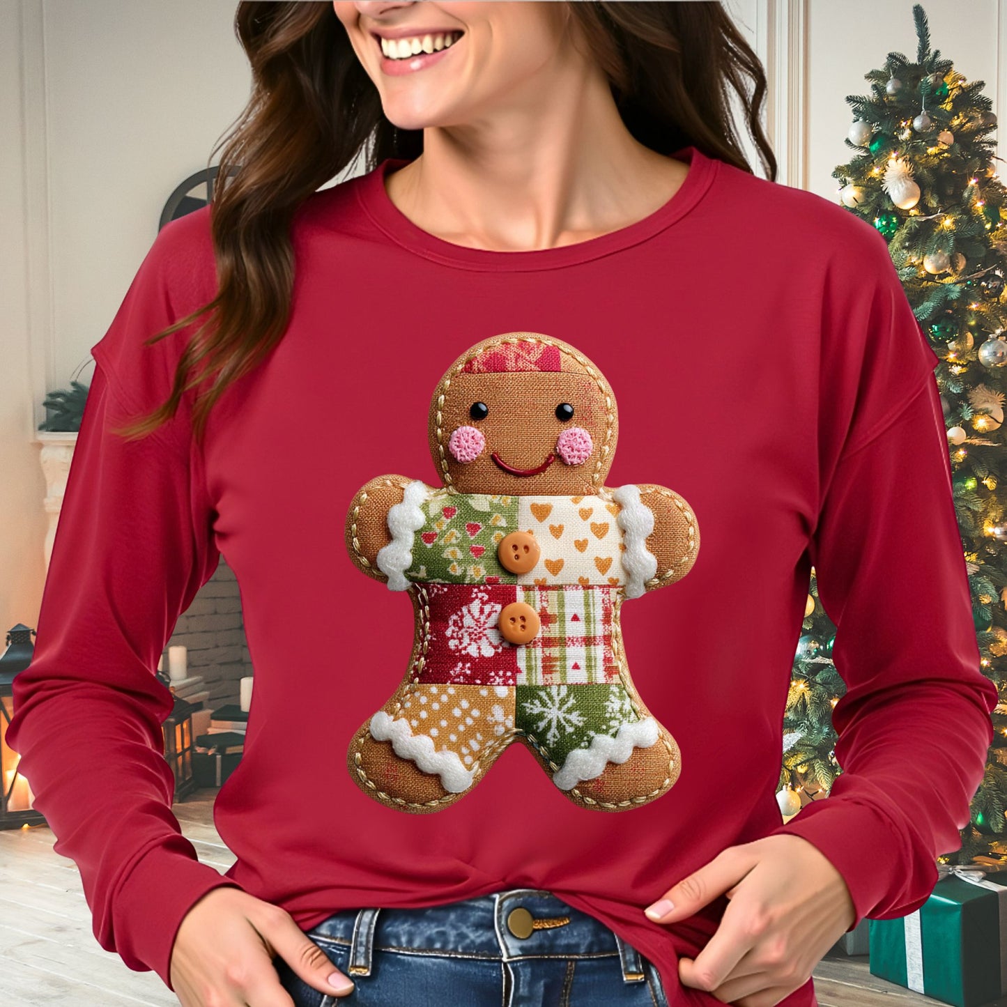 Faux Patchwork Gingerbread Man Long Sleeve Tee
