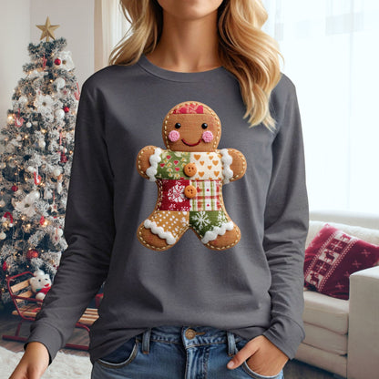 Faux Patchwork Gingerbread Man Long Sleeve Tee