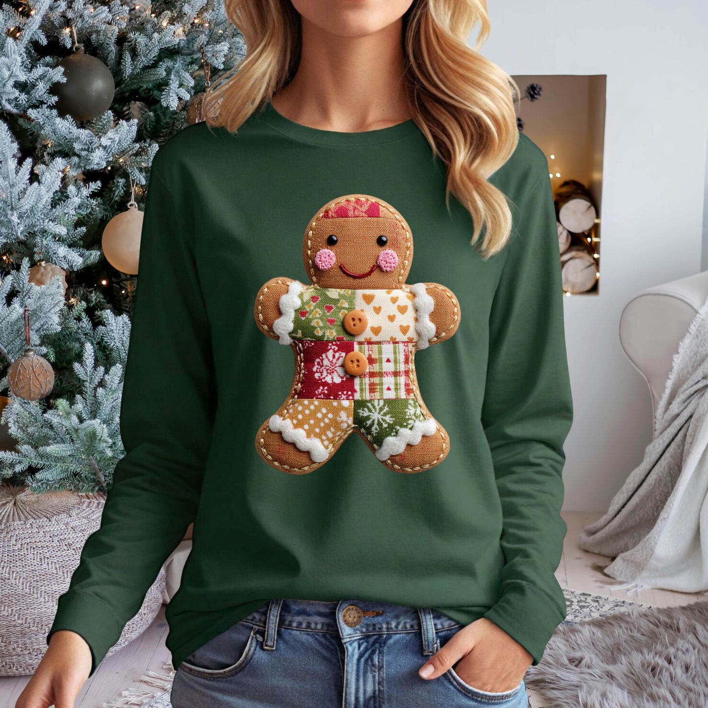 Faux Patchwork Gingerbread Man Long Sleeve Tee