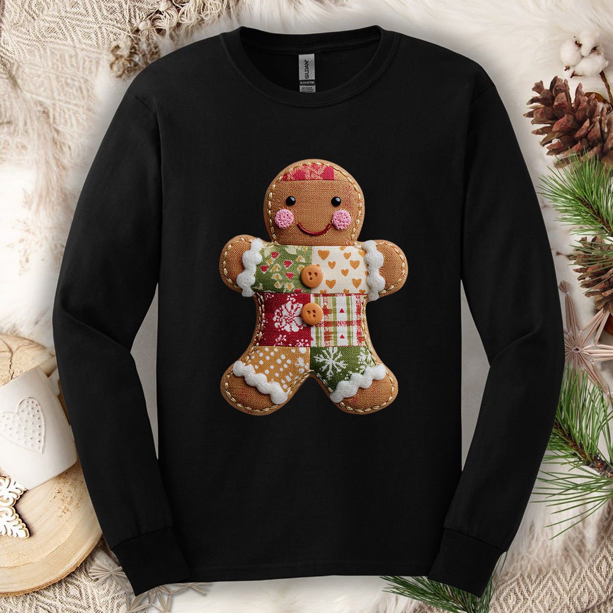 Faux Patchwork Gingerbread Man Long Sleeve Tee