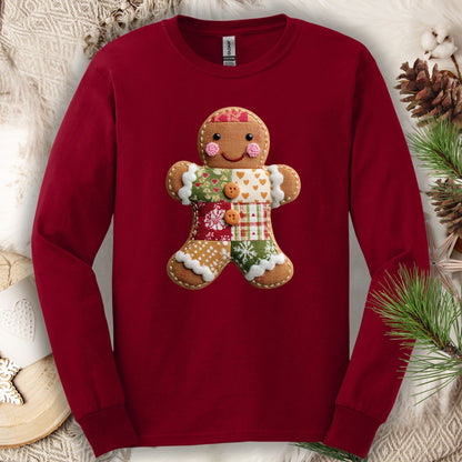 Cardinal Red Gildan long sleeve tee with a faux patchwork gingerbread man design.