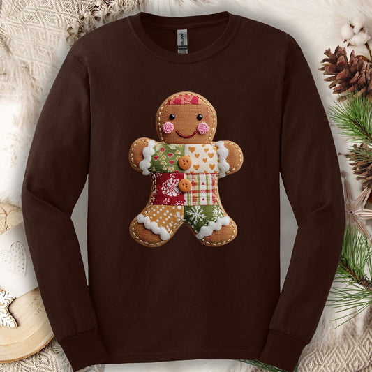 Faux Patchwork Gingerbread Man Long Sleeve Tee