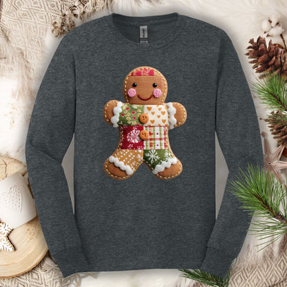 Dark Heather long sleeve tee with a vintage faux patchwork gingerbread man design.