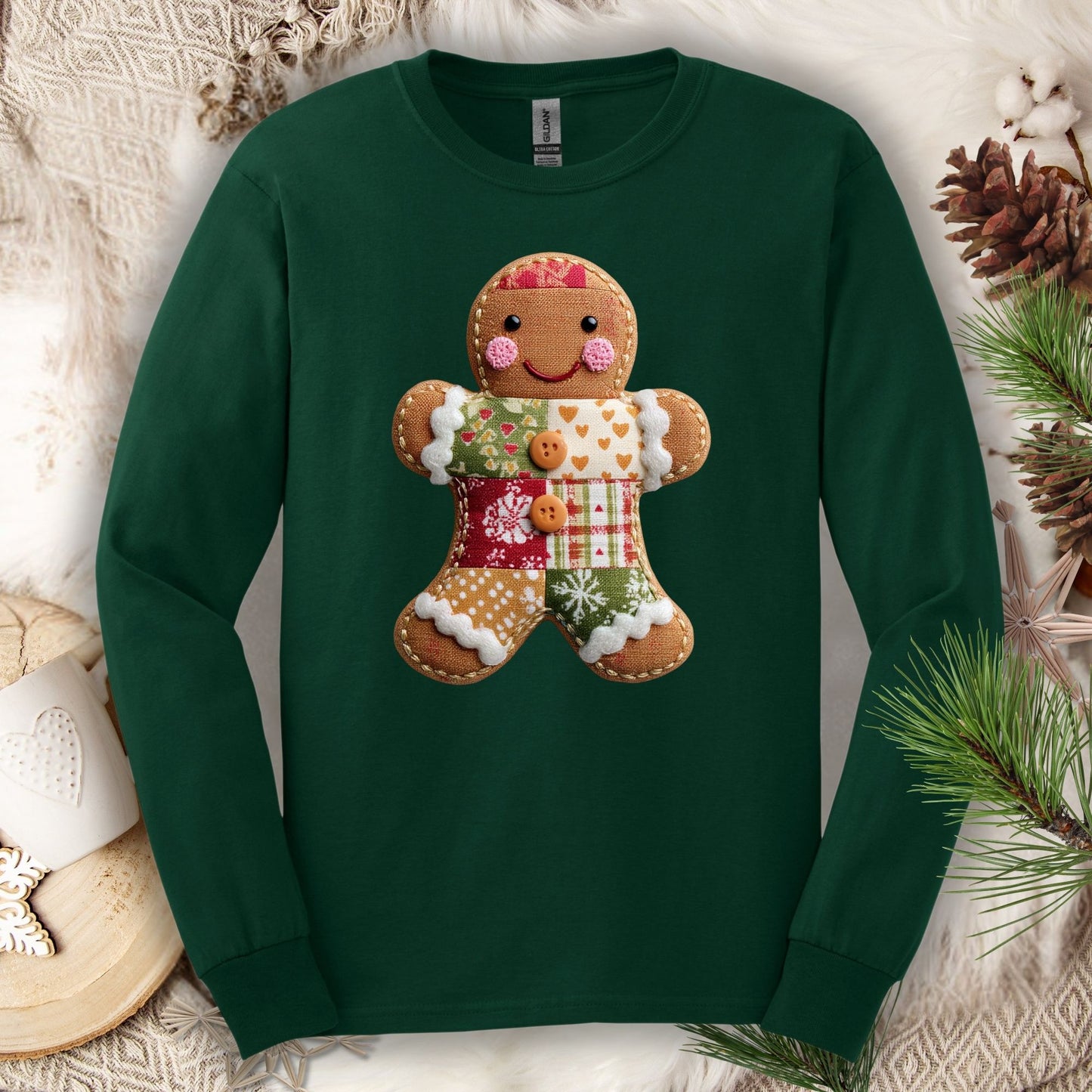 Forest Green S long sleeve tee with a faux patchwork gingerbread man design.