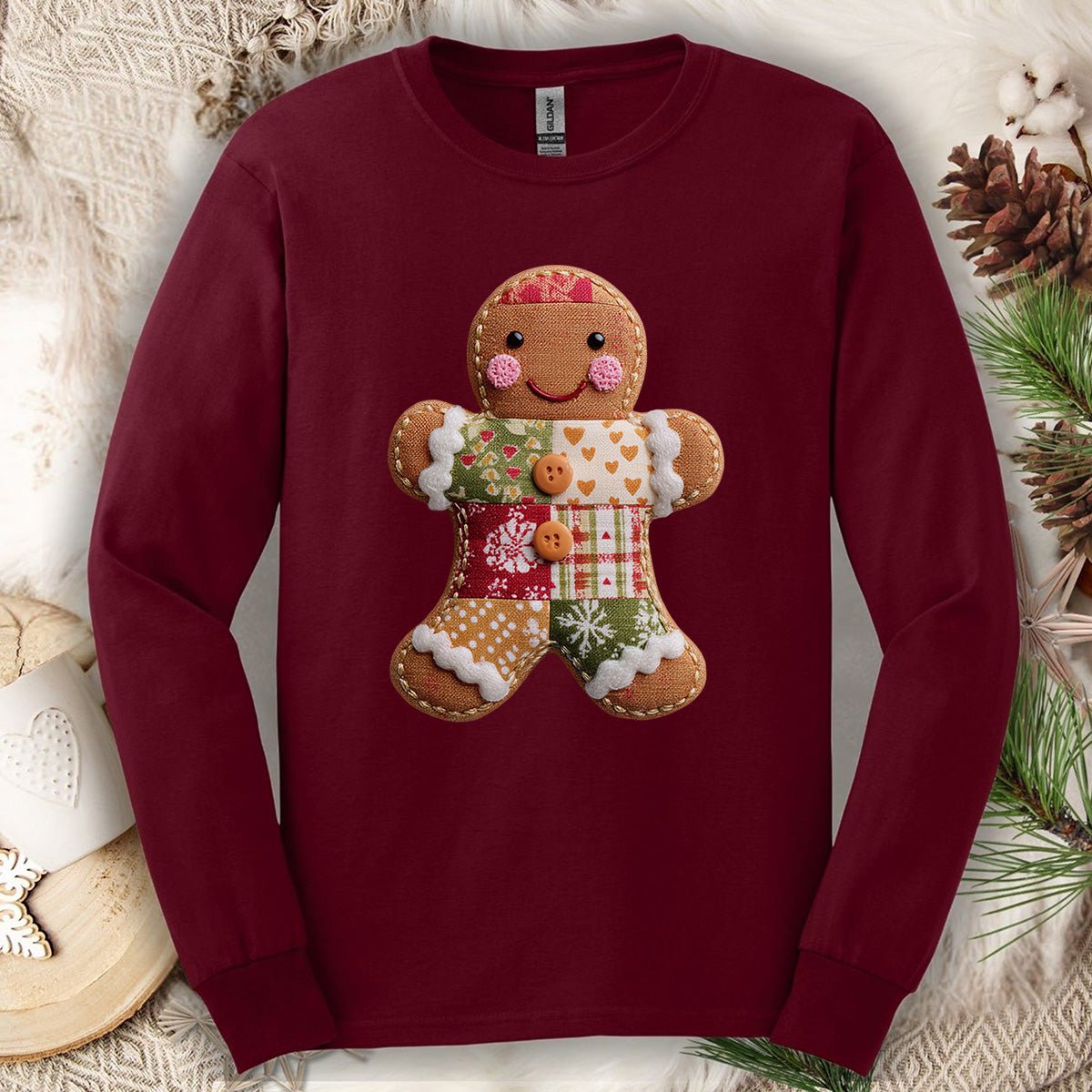 Faux Patchwork Gingerbread Man Long Sleeve Tee