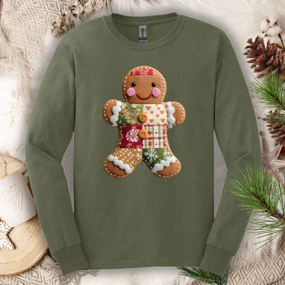 Military Green long sleeve tee with a faux patchwork gingerbread man design.