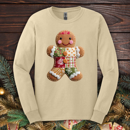 Sand Gildan long sleeve tee with a faux patchwork gingerbread man design.