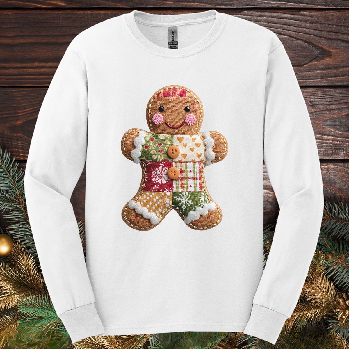 Faux Patchwork Gingerbread Man Long Sleeve Tee