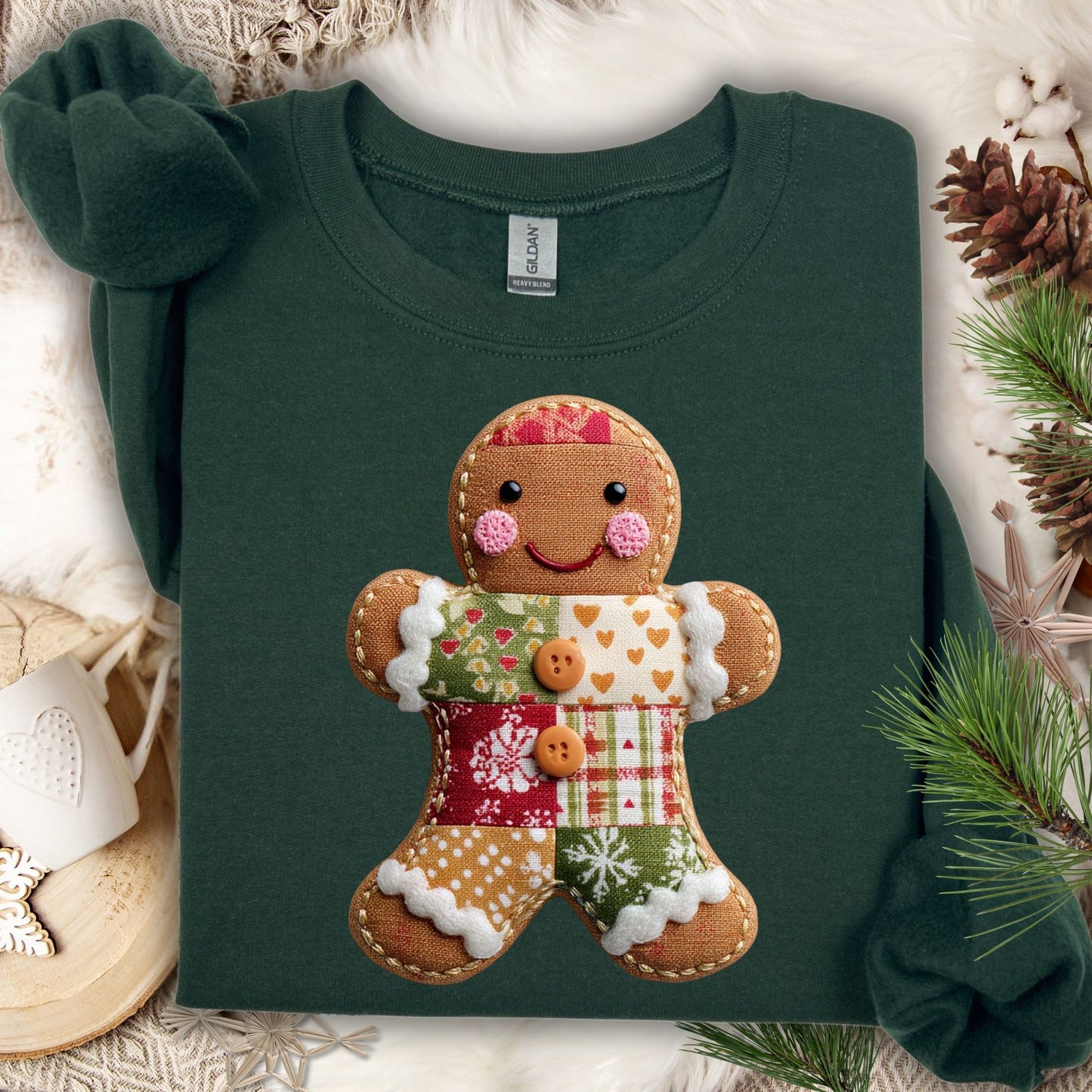 Forest Green Gildan sweatshirt with a vintage-style faux patchwork gingerbread man graphic.