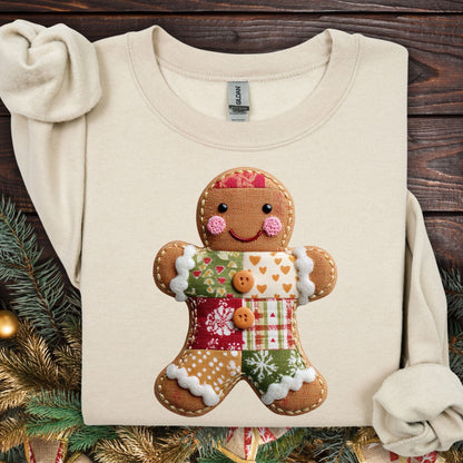 Sand Gildan fleece sweatshirt with a vintage-style faux patchwork gingerbread man graphic.