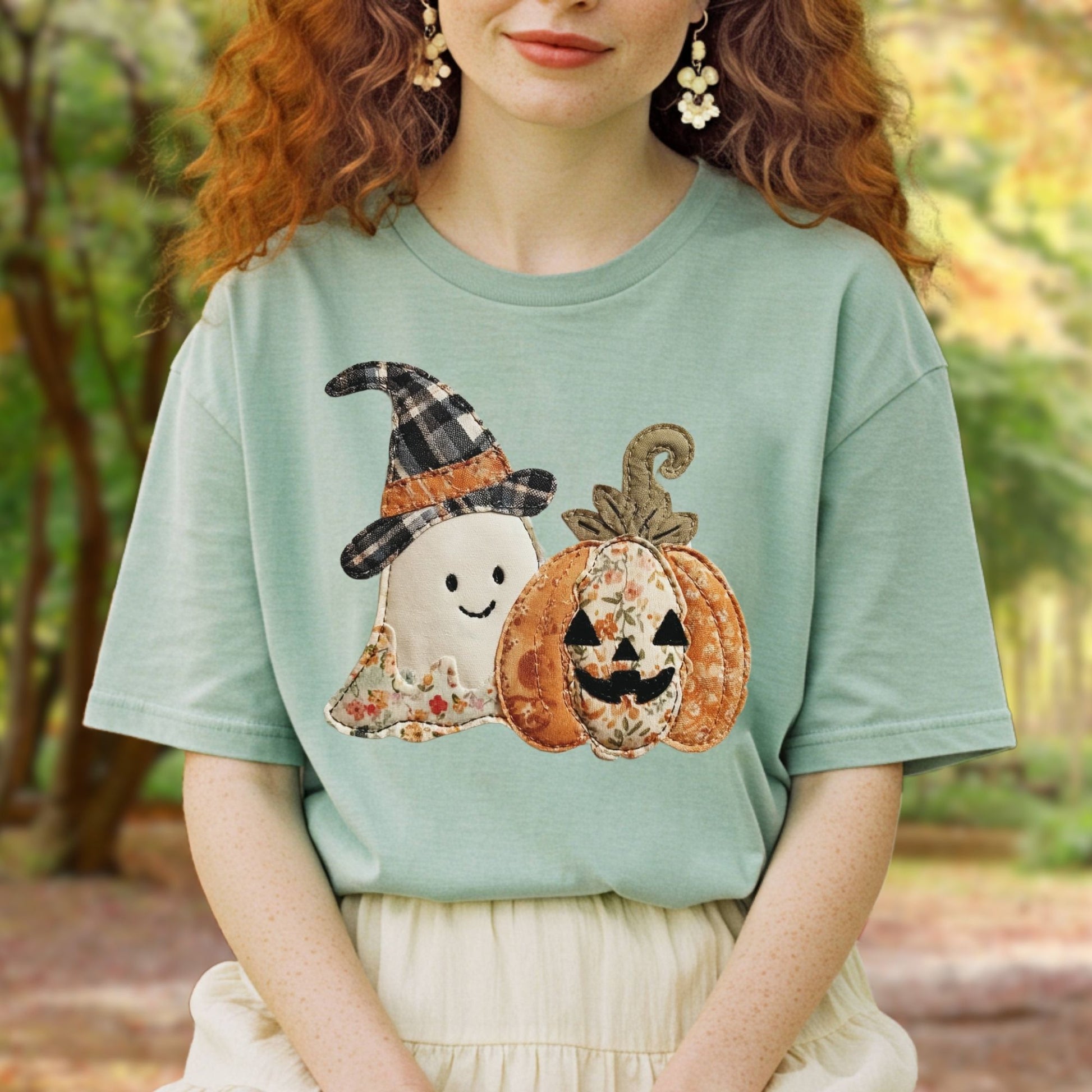 Comfort Colors tee with faux patchwork ghost in witch hat and jack o'lantern, ideal for fall.