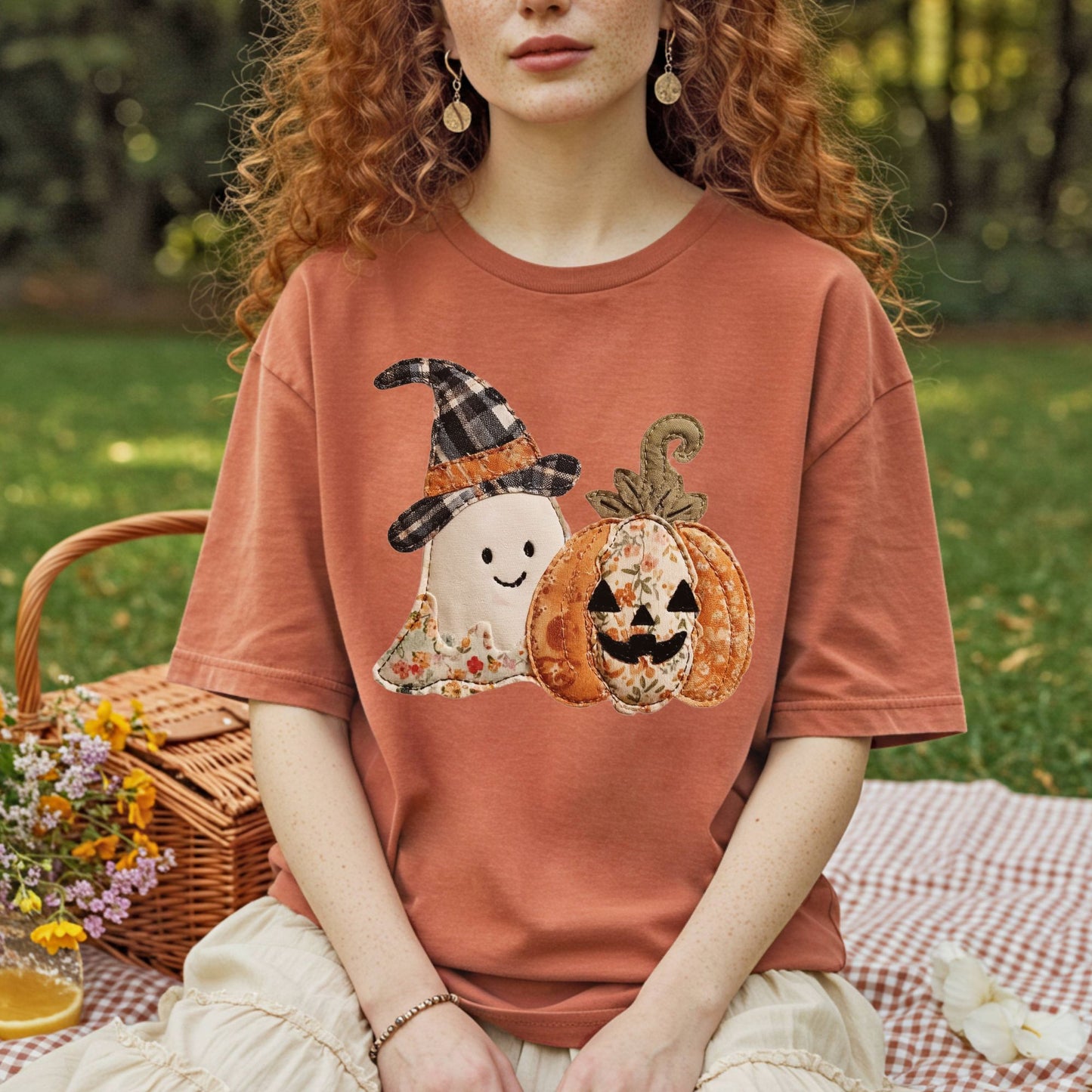 Comfort Colors t-shirt with a faux patchwork ghost in a plaid witch hat and a floral jack o'lantern.