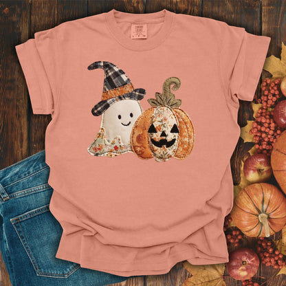 Terracotta Comfort Colors t-shirt with a faux patchwork ghost in a plaid witch hat and a floral jack o'lantern.