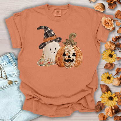 Yam Comfort Colors t-shirt with a faux patchwork ghost in a plaid witch hat and a floral jack o'lantern.