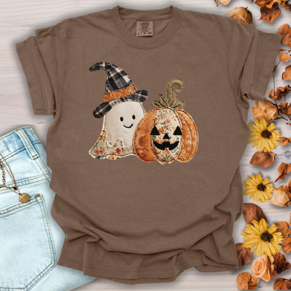 Espresso Comfort Colors t-shirt with a faux patchwork ghost in a plaid witch hat and a floral jack o'lantern.