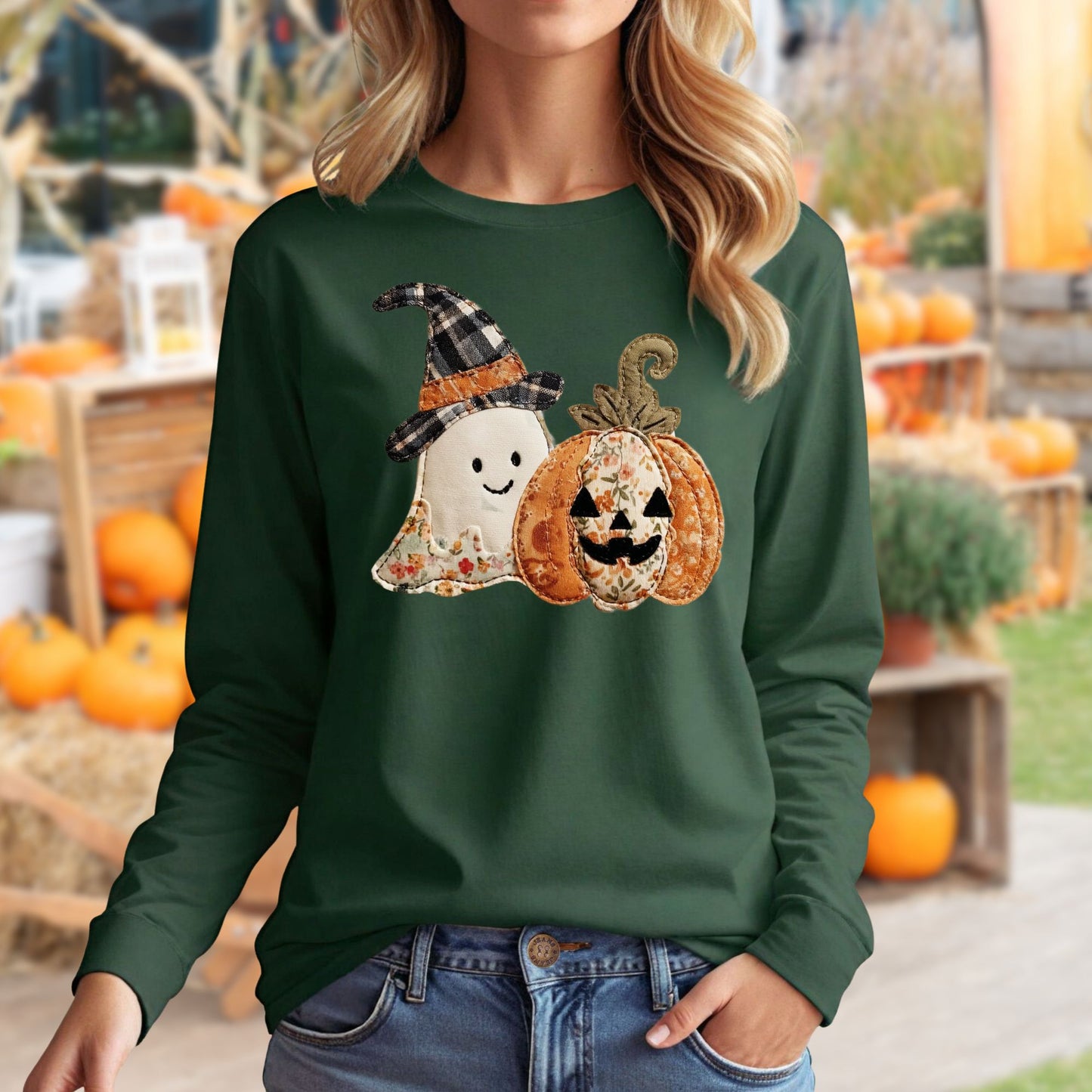 Faux Patchwork Halloween Long Sleeve Tee