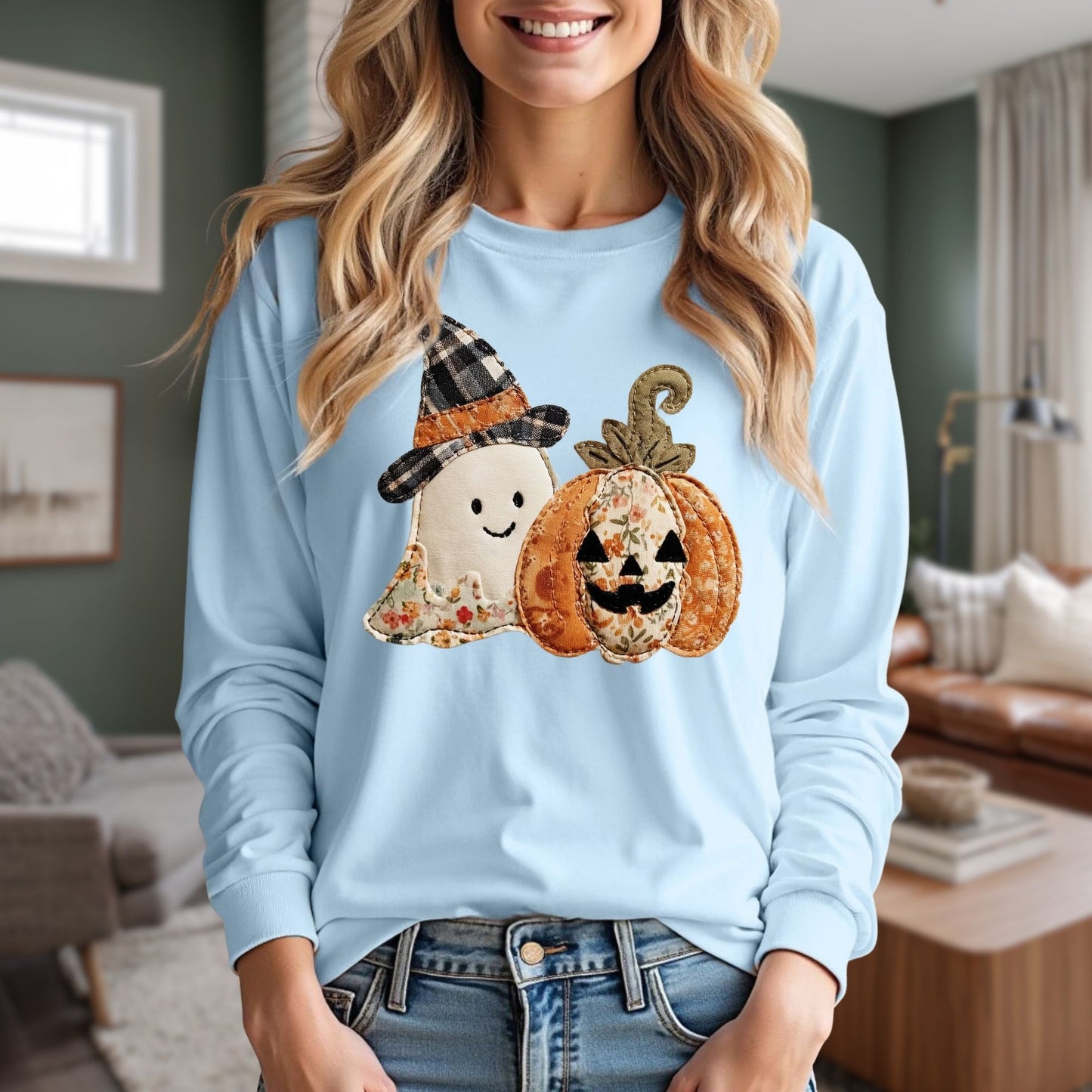 Faux Patchwork Halloween Long Sleeve Tee