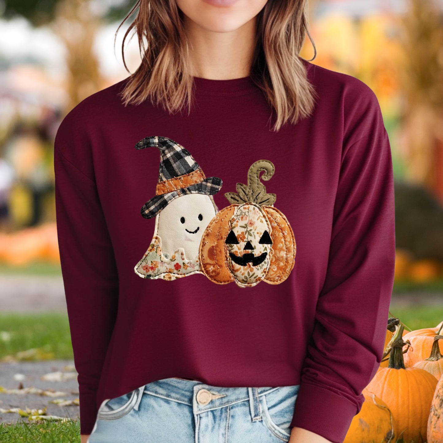 Faux Patchwork Halloween Long Sleeve Tee