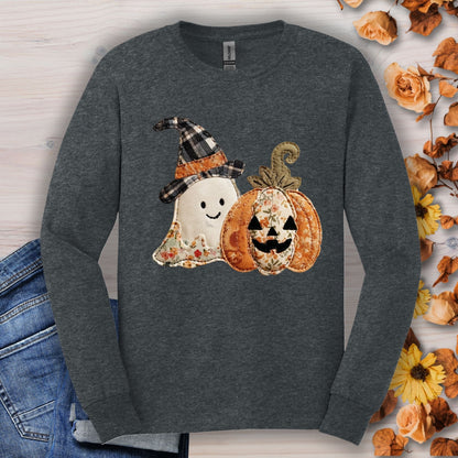 Dark heather long sleeve tee with a faux patchwork ghost in a plaid witch hat and a floral pumpkin.