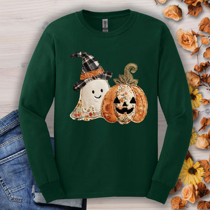Forest Green long sleeve tee with a faux patchwork ghost in a plaid witch hat and a floral pumpkin.