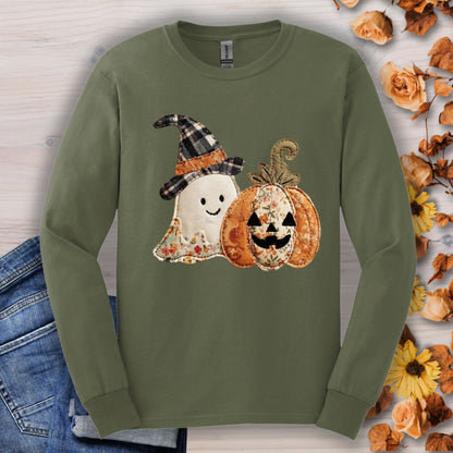 Military Green long sleeve tee with a faux patchwork ghost in a plaid witch hat and a floral pumpkin.