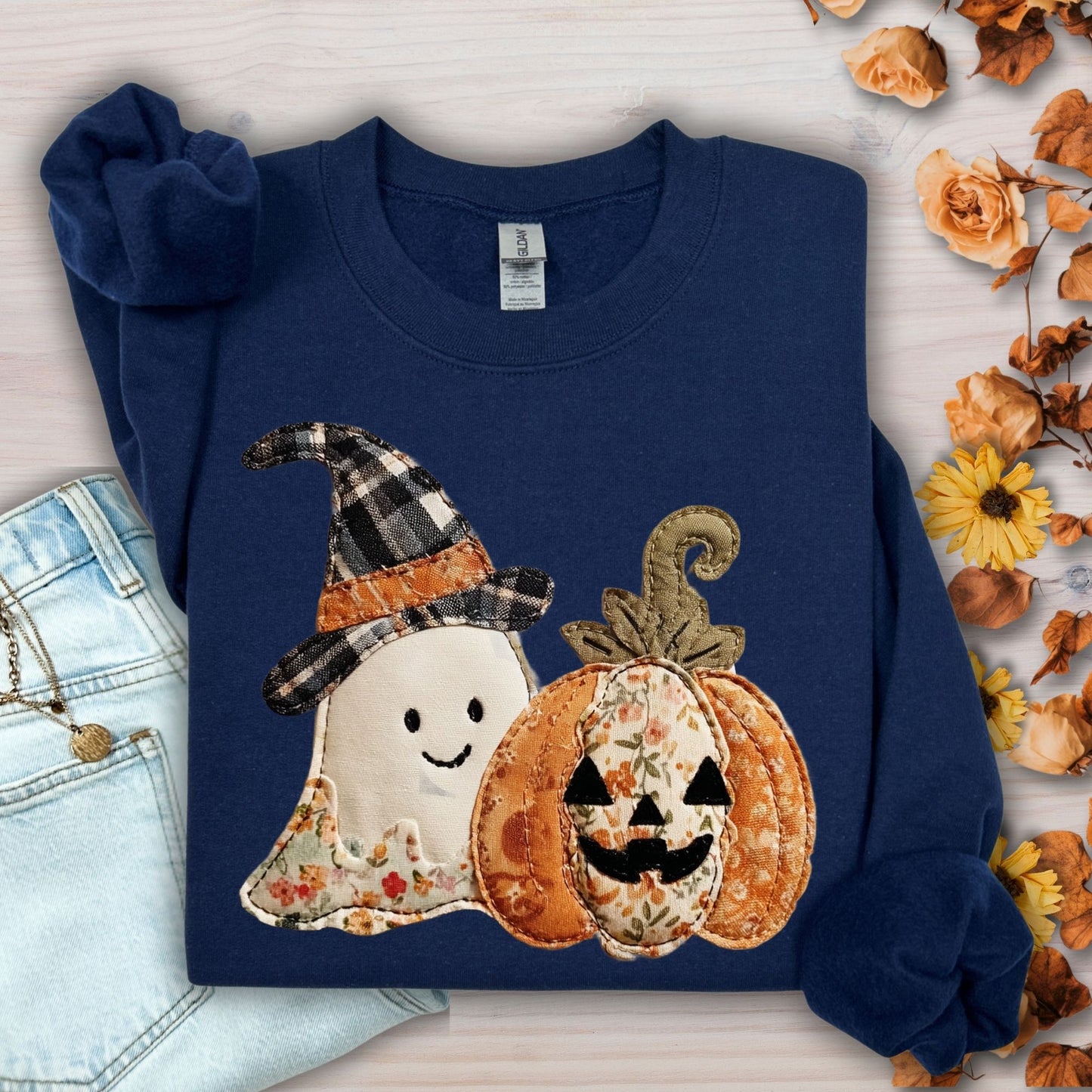 Faux Patchwork Halloween Sweatshirt