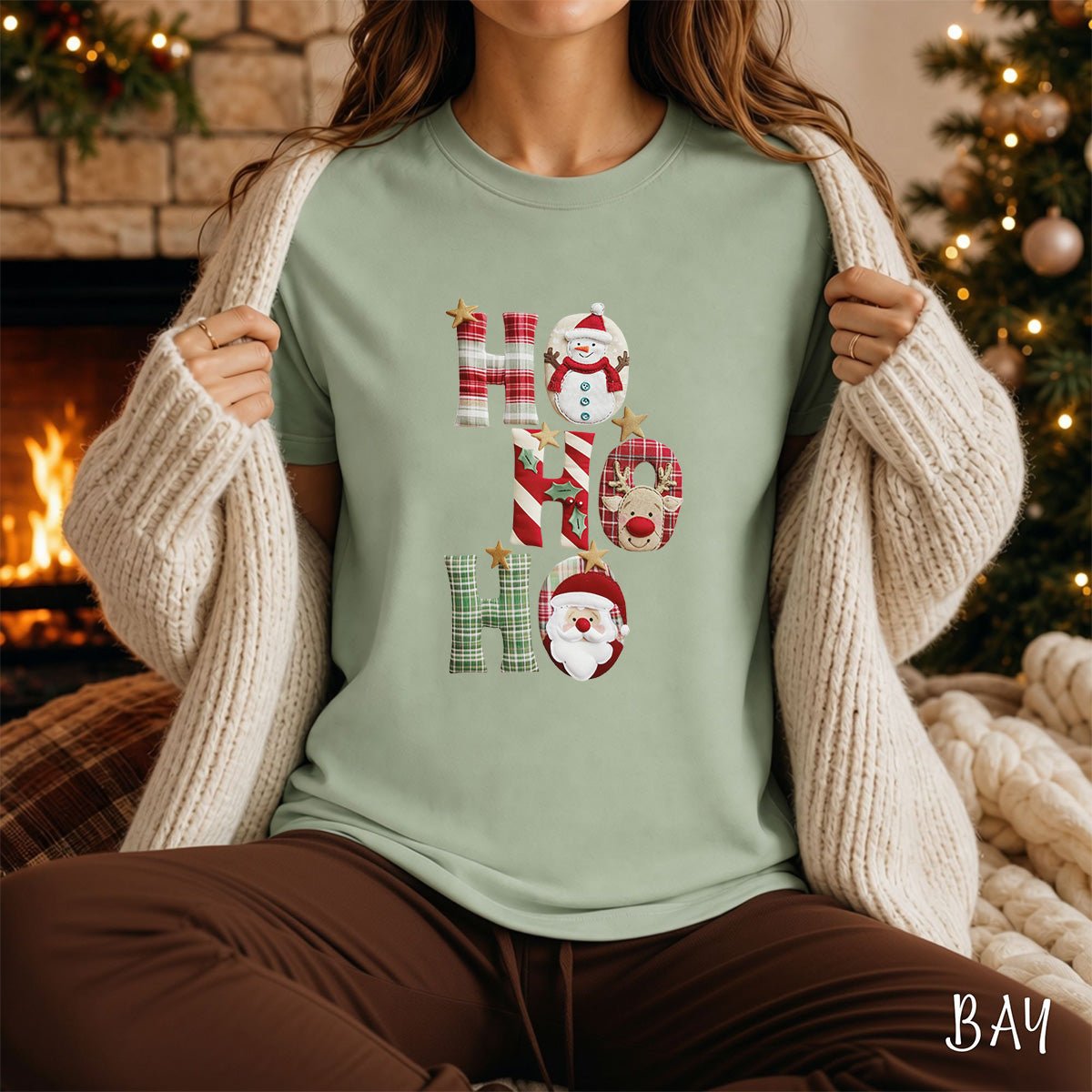 Faux Patchwork 'Ho Ho Ho' Christmas Santa T-Shirt