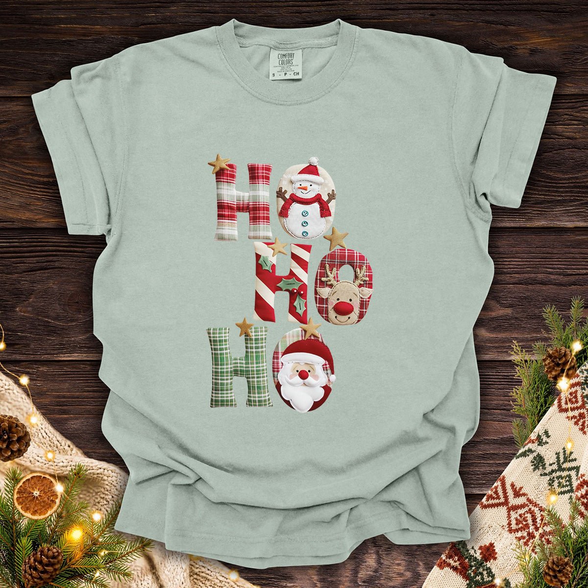 Faux Patchwork 'Ho Ho Ho' Christmas Santa T-Shirt
