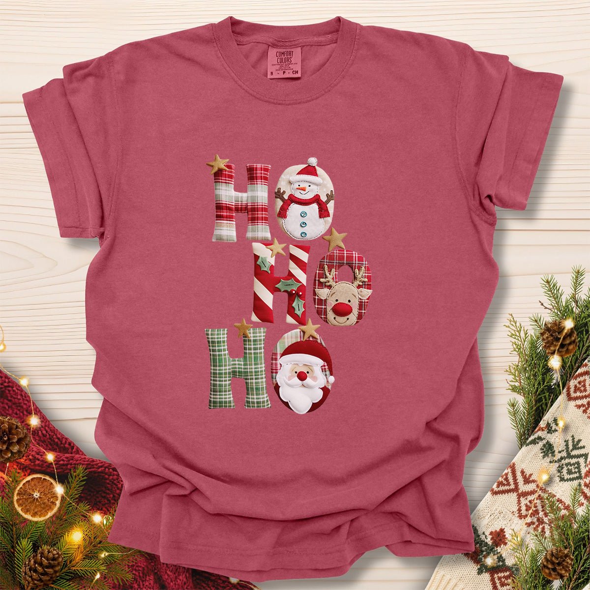 Faux Patchwork 'Ho Ho Ho' Christmas Santa T-Shirt