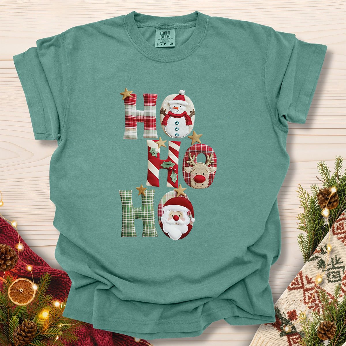 Faux Patchwork 'Ho Ho Ho' Christmas Santa T-Shirt