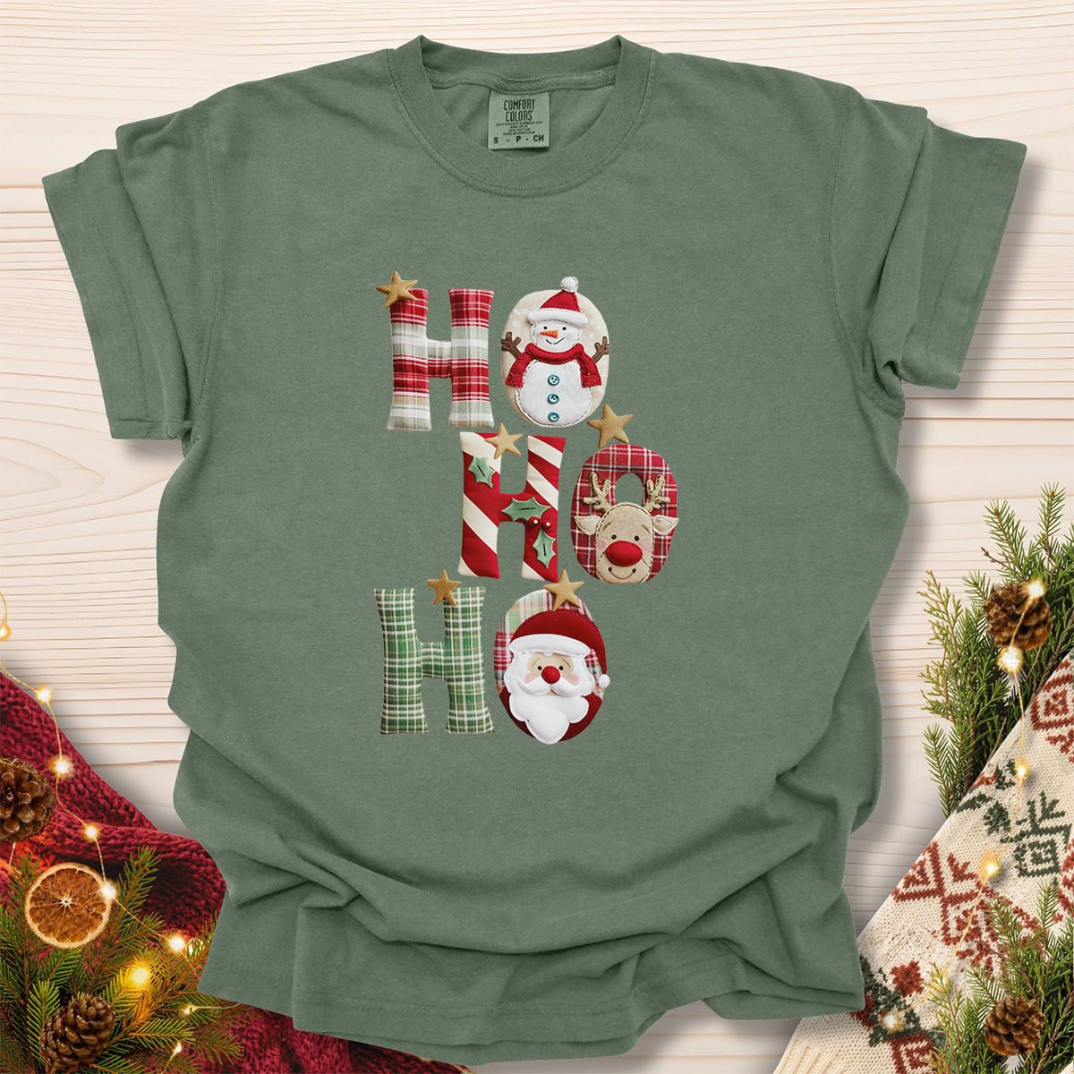 Faux Patchwork 'Ho Ho Ho' Christmas Santa T-Shirt