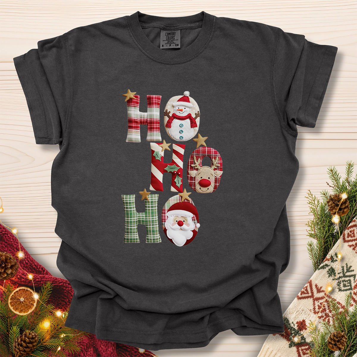 Faux Patchwork 'Ho Ho Ho' Christmas Santa T-Shirt