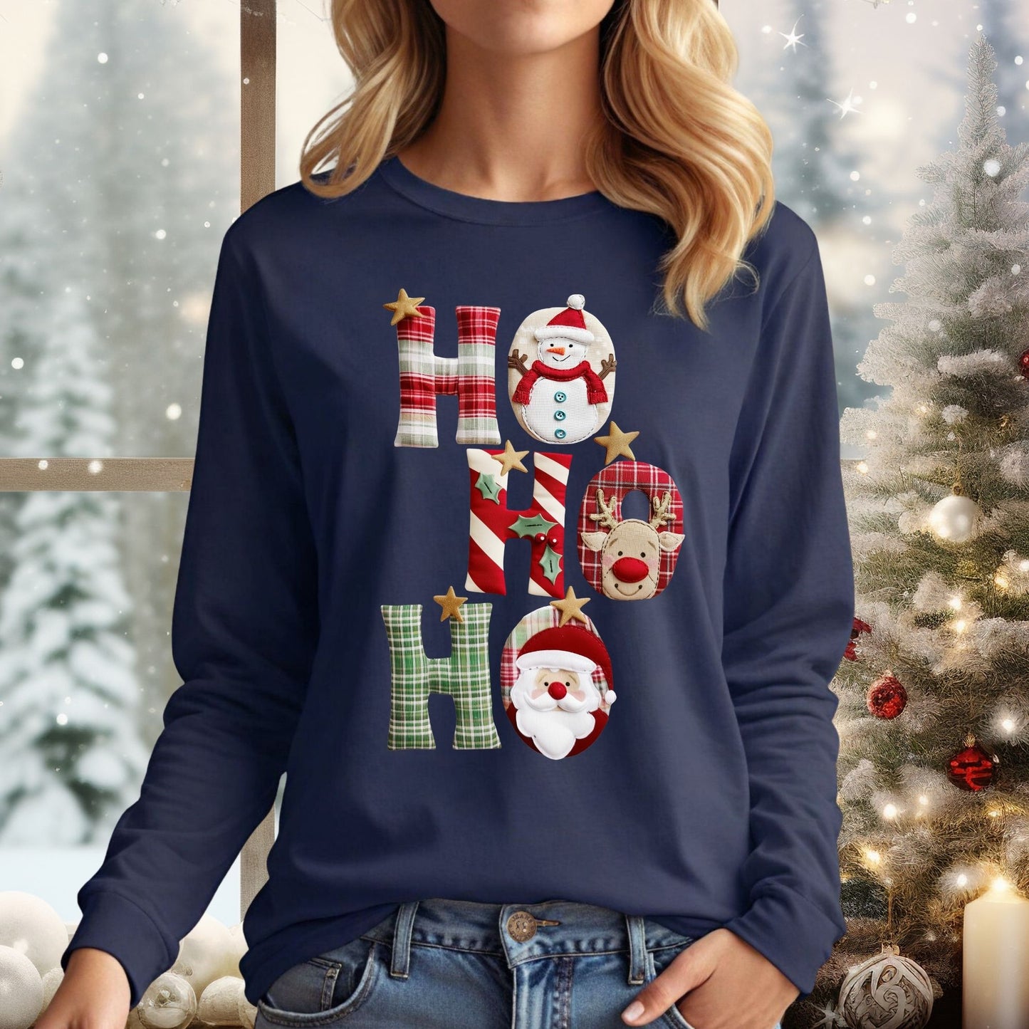 Faux Patchwork Ho Ho Ho Long Sleeve Tee