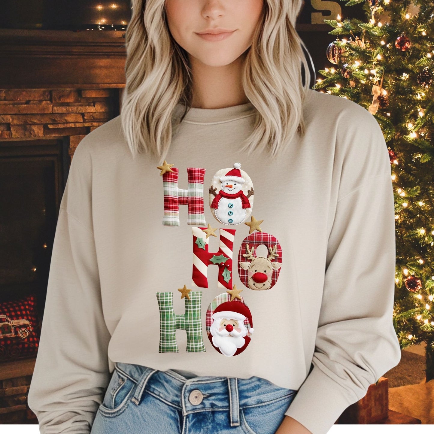 Faux Patchwork Ho Ho Ho Long Sleeve Tee