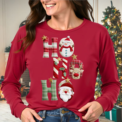 Faux Patchwork Ho Ho Ho Long Sleeve Tee